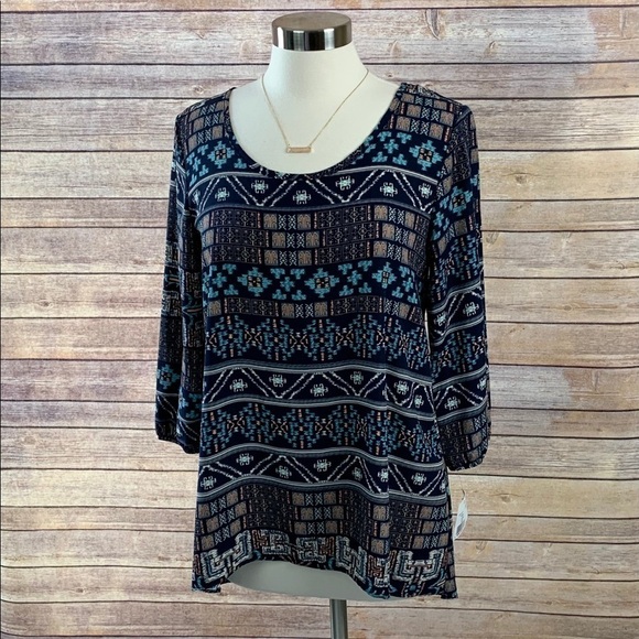 Moa Moa Tribal Print 3/4 Blouson Sleeve Top Medium - Picture 1 of 8